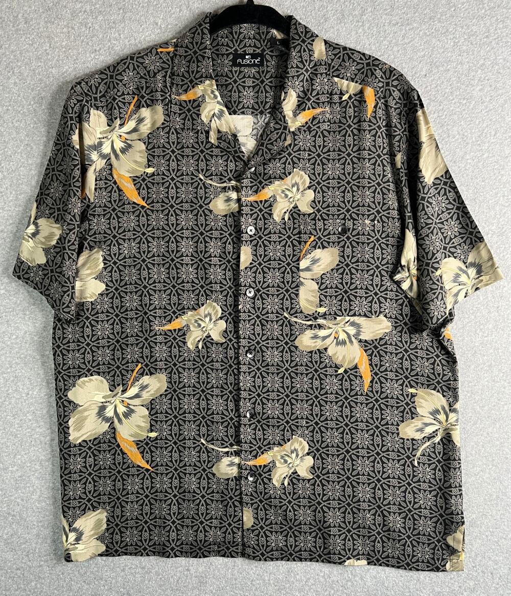Fusione Mens Silk Hawaiian Shirt Large Black Floral Camp Collar Button Up Aloha